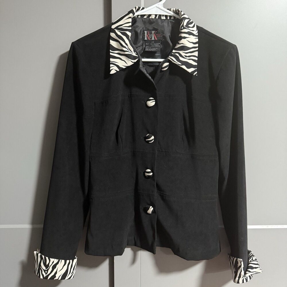 R&K Petite Women Zebra Accent Button Up Collar Jacket Black 2P Small Y2K Animal
